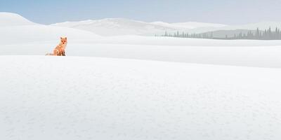 Lonely fox in snowscape with mountain ranges and pine forest behind graphic illustration. Merry Christmas and Happy New Year greeting card template have blank space. vector