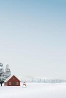 Minimalist snowscape with log cabin and snowman have pine forest, mountain ranges and blue sky behind graphic illustration. Merry Christmas greeting card vertical template have blank space. vector