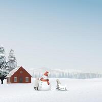 Cottage in snowscape have kids and dog playing together with snowman have pine forest and blue sky behind graphic illustration. Merry Christmas greeting card square template have blank space. vector
