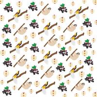 bird of paradise, sloth with fruit as a pattern background vector