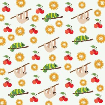 sloth, chameleon with fruit as a pattern background vector