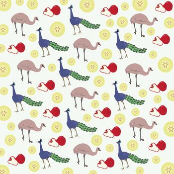 peacock, emu with fruit as a pattern background vector