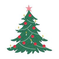 Christmas tree decorated with star, red balls and candles. Holiday fir tree isolated on transparent background. Festive Winter design element. Traditional symbol. Flat design illustration. vector