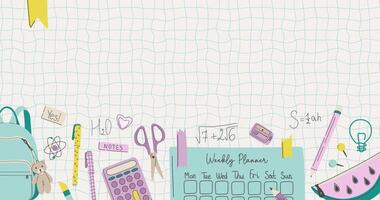 Back to school background with school supplies. Educational theme banner with different stationery and empty space for text. Hand drawn flat design illustration. vector