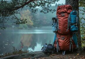A sturdy backpack leaning against a tree, filled with essential camping gear photo