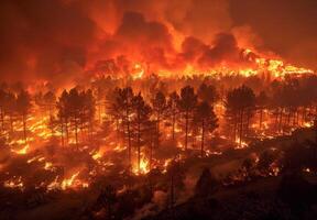 A wide shot of a forest fire raging, with flames engulfing trees and thick smoke filling the sky photo