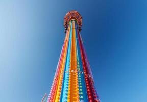 A thrilling drop tower ride reaching into the sky with colorful seats photo