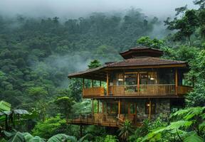 An eco friendly lodge nestled in the lush rainforest of Costa Rica, surrounded by vibrant green foliage photo