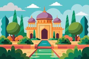 A beautiful image of Mughal Garden flat color illustration with natural scene like tree, sky, cloud. vector
