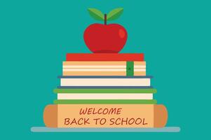 An image of a red apple and stack of books. Flat color art and illustration. Back to school concept wallpaper image, design elements. vector