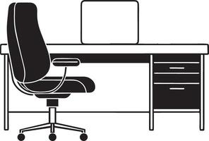 A silhouette of a office desk paired with a swivel chair, featuring straight lines and functional design elements, vector