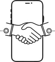 Silhouette of a modern smartphone with a digital handshake in the center, representing online transactions and business partnerships vector