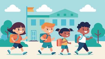 a group of diverse children happily walking towards a school building, carrying backpacks and books. vector