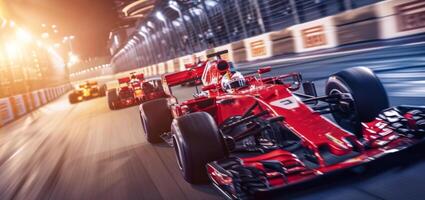 Two race cars are speeding down a track, auto racing competition. photo