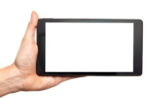 A person holding a tablet computer ,Blank Black Tablet Frame with Digital Display and Finger Touch png