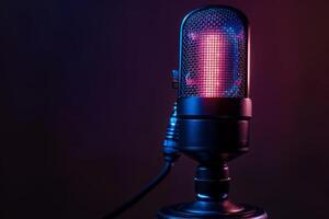 a voice and text microphone in neon light. Studio microphone on a dark background. Retro microphone. photo