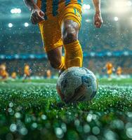 Close-up of a football player against the background of the stadium. A professional player in action at the stadium. An international Tournament. photo