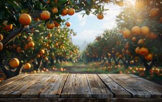 Wooden table top on a blurred background of orange trees in the garden. The concept of advertising and design. photo