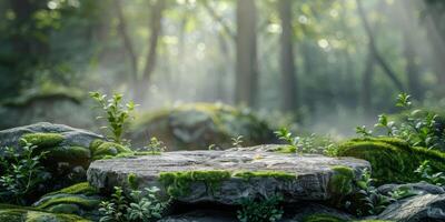 A stone podium for product presentation against the background of a forest. Flat stone podium in a magical forest photo