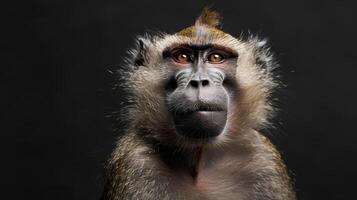 a happy monkey on a black background. The monkey looks mysteriously into the frame. photo