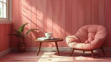 A coffee table with an open book and a cup of hot drink, located next to an armchair in a cartoon style. photo