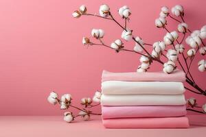 A photo of simple white T-shirts stacked on top of each other, on a pink background with a cotton branch, pastel colors, minimalistic style.