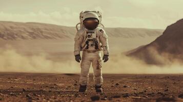 An astronaut in the desert of Mars. The concept of a research expedition on the surface of the red planet. photo