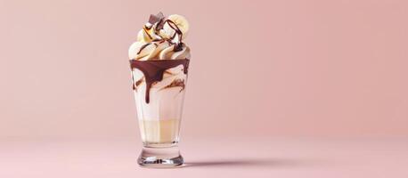 a photo of a milkshake with banana ice cream in a glass and swirls of chocolate and vanilla on top on a pink background. A place for the text.