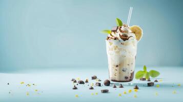 a photo of a milkshake with banana ice cream in a glass and swirls of chocolate and vanilla on top on a blue background. A place for the text.