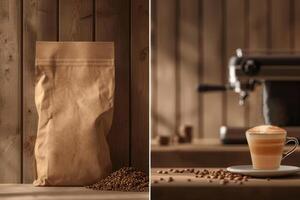 a photo to advertise coffee. A cup of hot cappuccino on a blurred background of a coffee machine and a large kraft bag for storing grains. A place for your text.