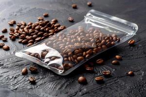 A zippered craft bag for storing coffee beans. A package for selling coffee. Coffee for coffee machines. photo