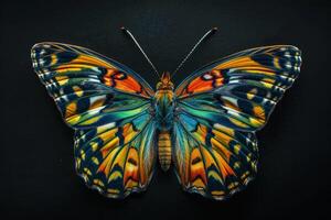 a bright multicolored butterfly on a black background. photo