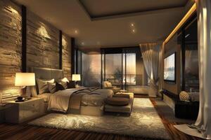 A room with panoramic windows and a large TV. An expensive and very beautiful bedroom with a large gray carpet. A cozy room with pleasant lighting and a large bed. photo