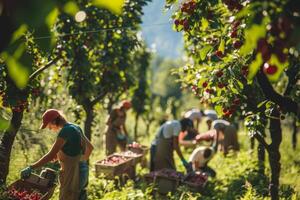 A group of people working in a cherry orchard is picking cherries. Farmers harvest delicious ripe cherries. photo