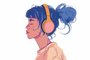An illustration of a beautiful girl who listens to music, radio or audiobook with headphones. The concept of relaxation, good mood, rest. photo