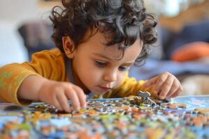 Portrait of a boy concentrating on assembling a puzzle. The concept of mental health of children with autism spectrum disorder. Asperger, Rhett and Heller. photo