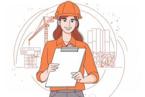 A smiling female engineer with a large tablet in her hands on a white background. An architect girl is working on a project. photo