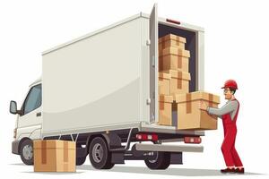 A delivery van with many different cardboard boxes, side view. The concept of fast express delivery. Road freight transportation. photo