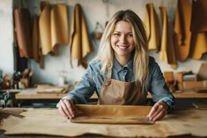Portrait of a smiling woman working with leather in a workshop. A beautiful girl is wearing an apron and working at a table to make leather accessories. photo