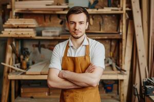 Portrait of a handsome young man in an apron working in a workshop. A man in the background of a joinery, wood carving and handicraft workplace. photo