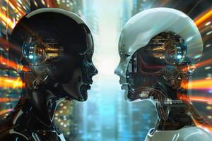 Fascinating image of the faces of robots with artificial intelligence. Science and artificial intelligence, digital technologies of futurism. photo