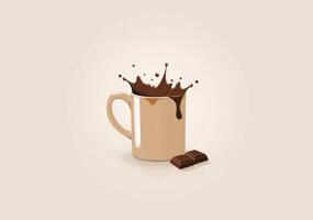A flat illustration of a mug with hot chocolate and chocolate splashes, a simple and minimalistic drawing. photo