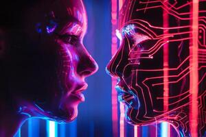 A photo with a face image using artificial intelligence. Artificial intelligence opposes man. Internet and digital technologies, science.