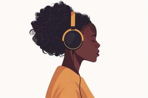 Flat illustration of a beautiful girl who listens to music, radio or audiobook with headphones. The concept of relaxation, good mood, rest. photo