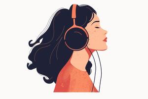 Flat illustration of a beautiful girl who listens to music, radio or audiobook with headphones. The concept of relaxation, good mood, rest. photo