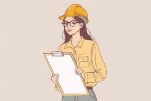 A smiling female engineer with a large tablet in her hands on a white background. An architect girl is working on a project. photo