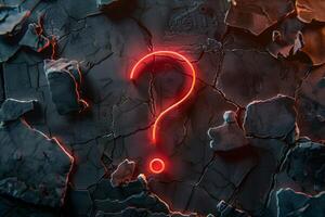 neon glowing question mark on a dark background. A neon sign illuminated in the form of a question mark. photo