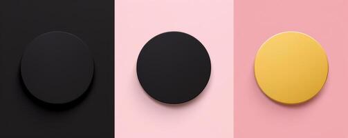 Minimalistic background with circles made in black, pastel pink and gold colors, in a flat style. View from above. photo