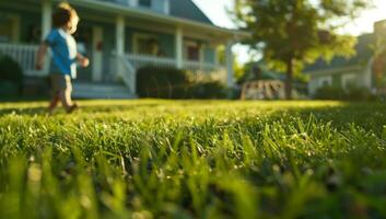 Close-up of the grass in the yard in front of the house. A child running across the lawn in the background of a house. photo