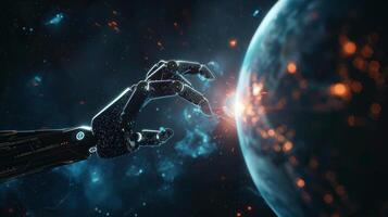 A photo of a robot hand touching a digital planet. The concept of artificial intelligence technology.